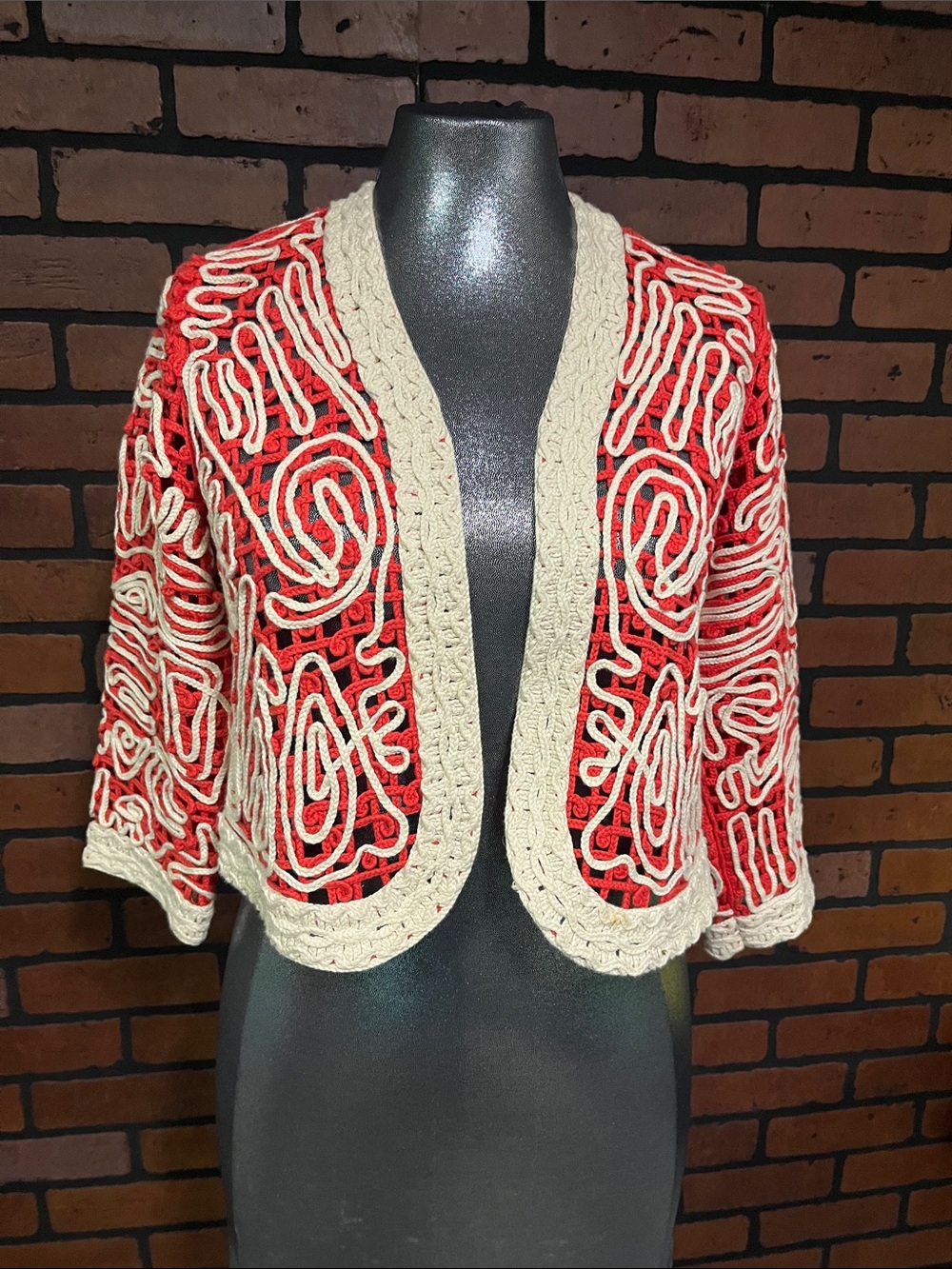 Chico's Red and Cream Crochet Open-Front Shrug